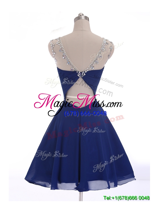 wholesale see through scoop beading short prom dress in navy blue