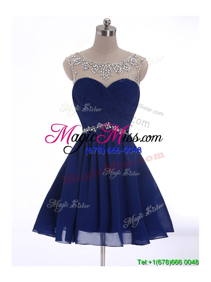 wholesale see through scoop beading short prom dress in navy blue