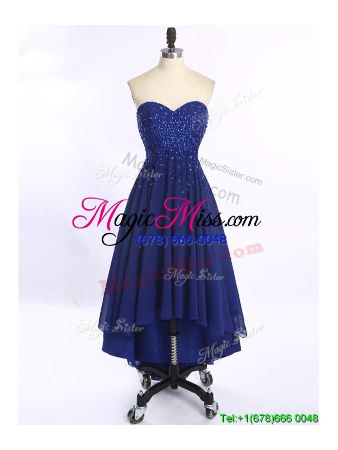 wholesale perfect high low royal blue prom dress with beading