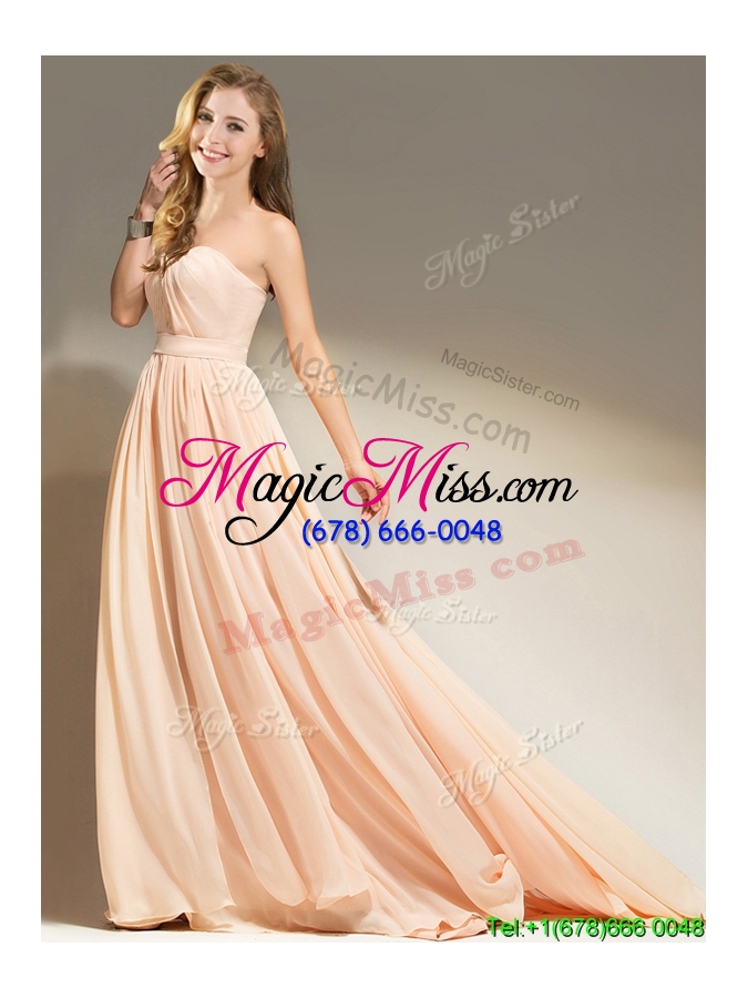 wholesale new style belted chiffon peach prom dress with brush train