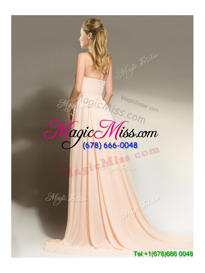 wholesale new style belted chiffon peach prom dress with brush train