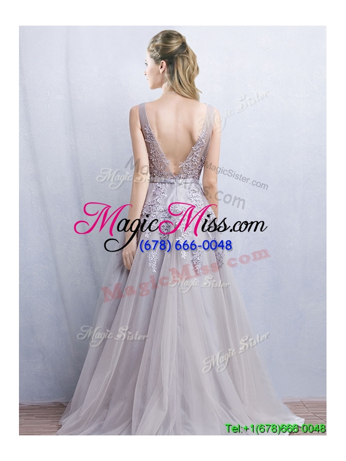 wholesale gorgeous v neck grey backless prom dress with appliques and belt