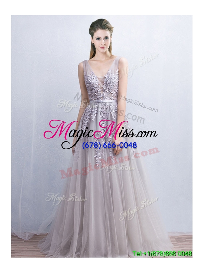 wholesale gorgeous v neck grey backless prom dress with appliques and belt