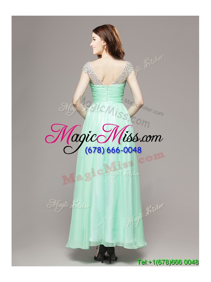 wholesale affordable v neck cap sleeves apple green prom dress with beading