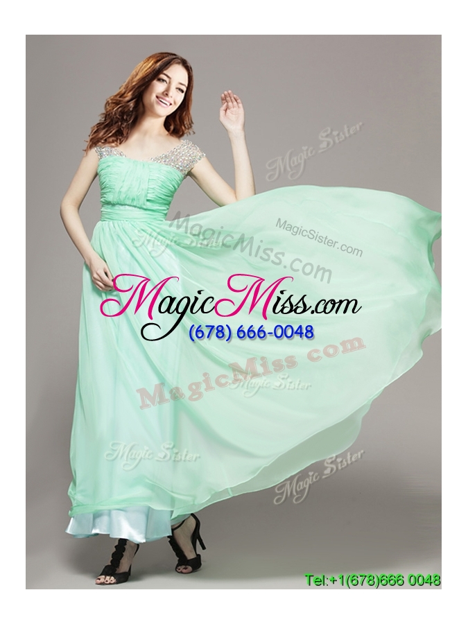 wholesale affordable v neck cap sleeves apple green prom dress with beading