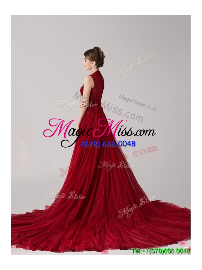 wholesale classical straps applique wine red prom dress with court train