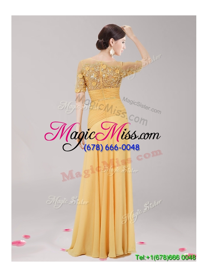 wholesale see through scoop half sleeves gold prom dress with appliques and belt