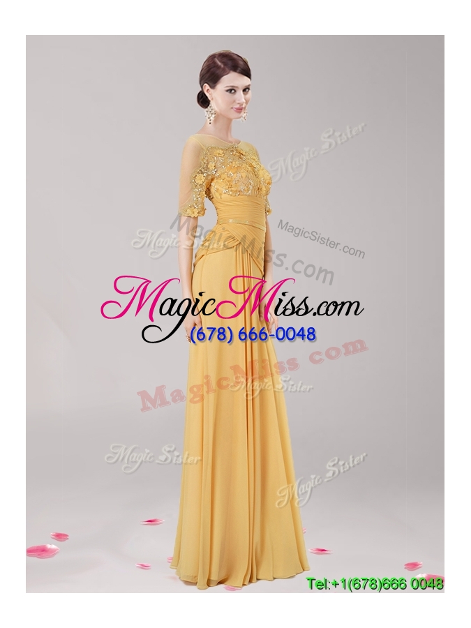 wholesale see through scoop half sleeves gold prom dress with appliques and belt