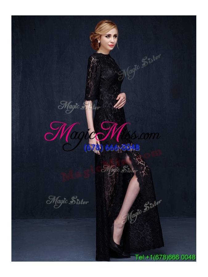 wholesale sexy scoop half sleeves high slit black prom dress with lace