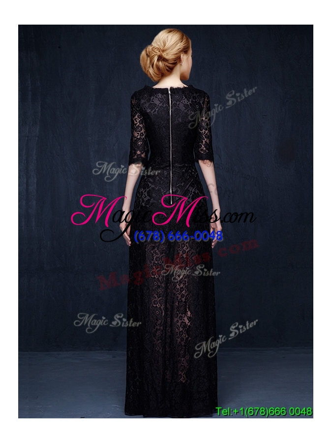 wholesale sexy scoop half sleeves high slit black prom dress with lace