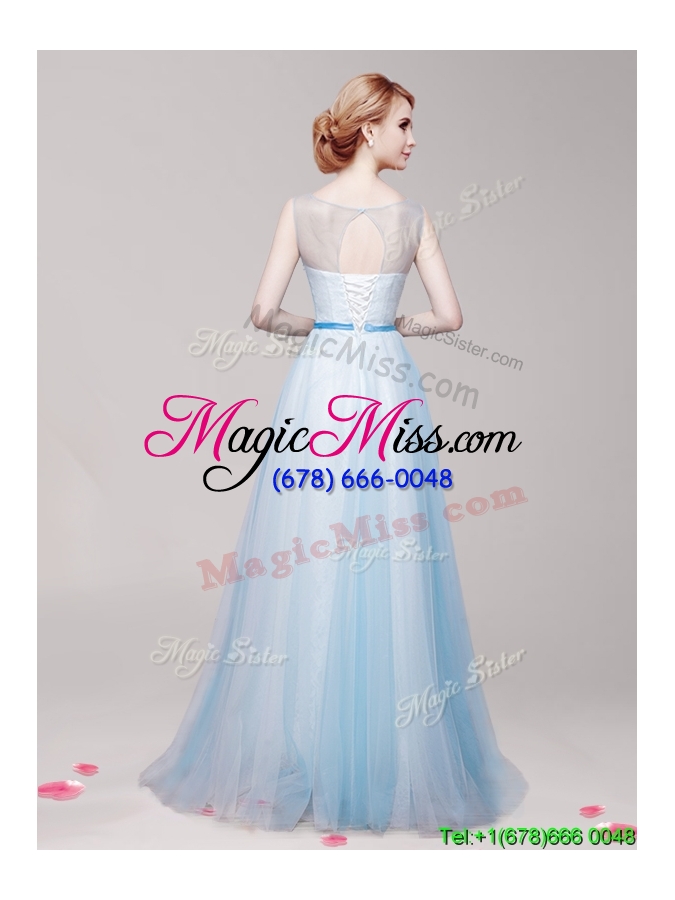 wholesale see through scoop light blue prom dress with appliques and bowknot