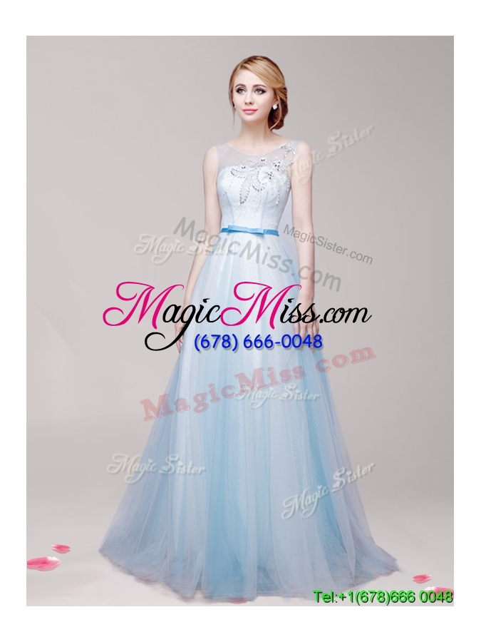 wholesale see through scoop light blue prom dress with appliques and bowknot