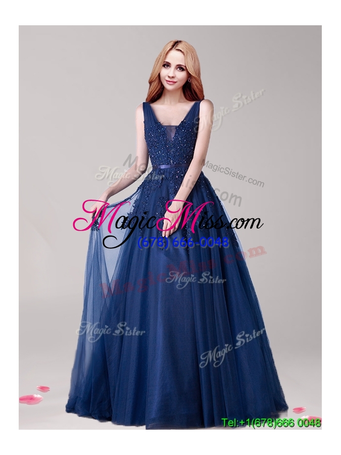 wholesale inexpensive v neck applique and belted prom dress in navy blue