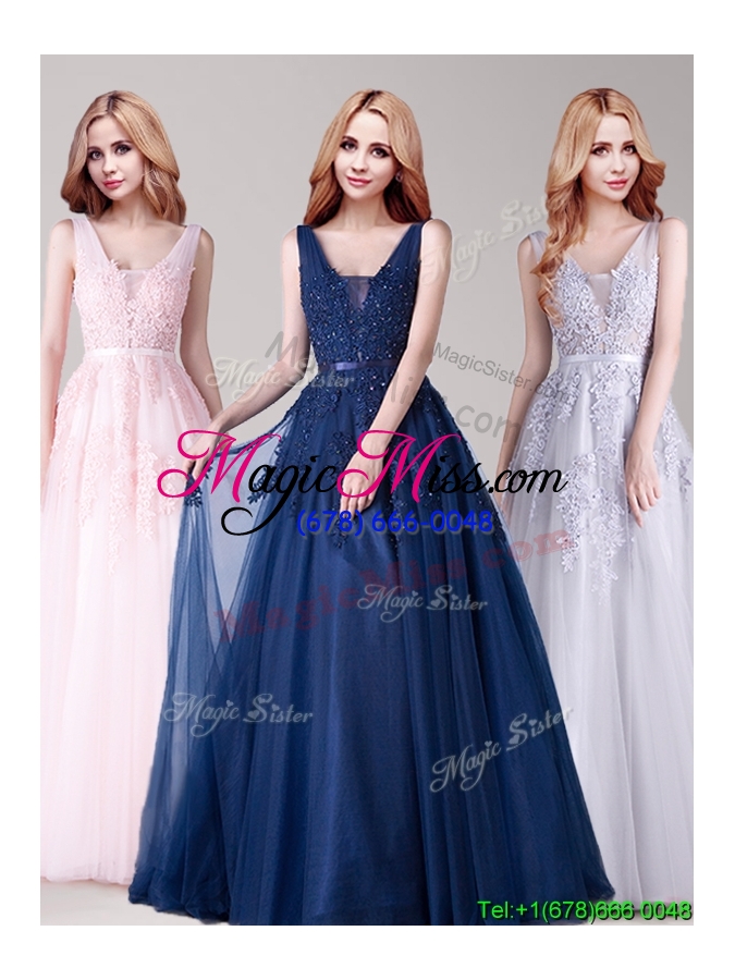 wholesale inexpensive v neck applique and belted prom dress in navy blue