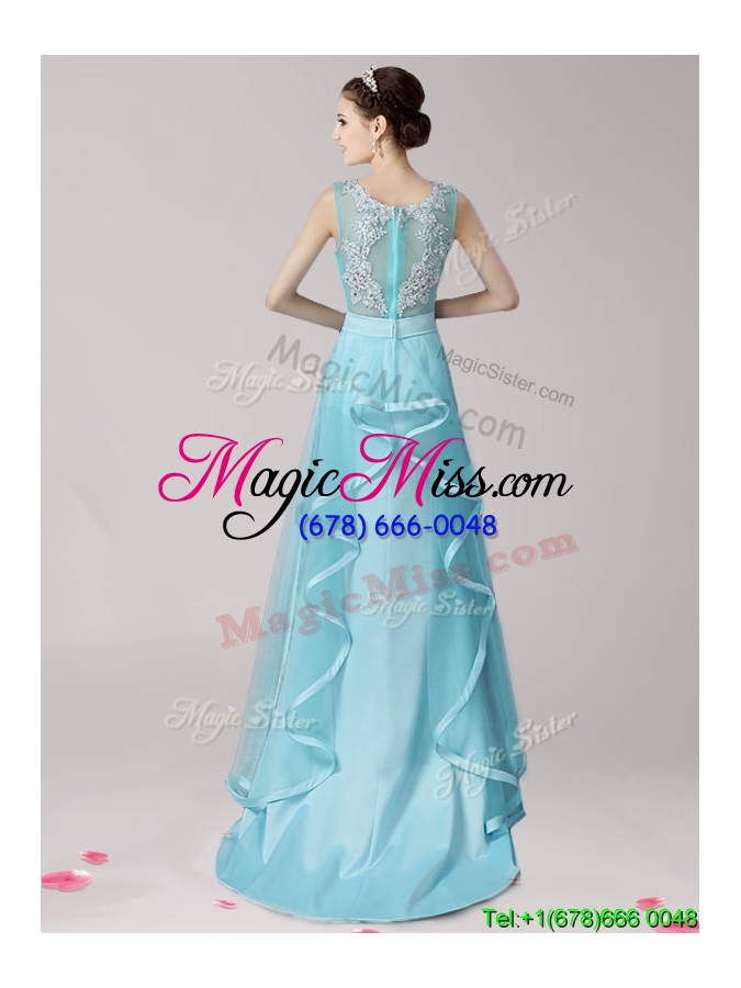 wholesale modest scoop applique and ruffled prom dress with brush train