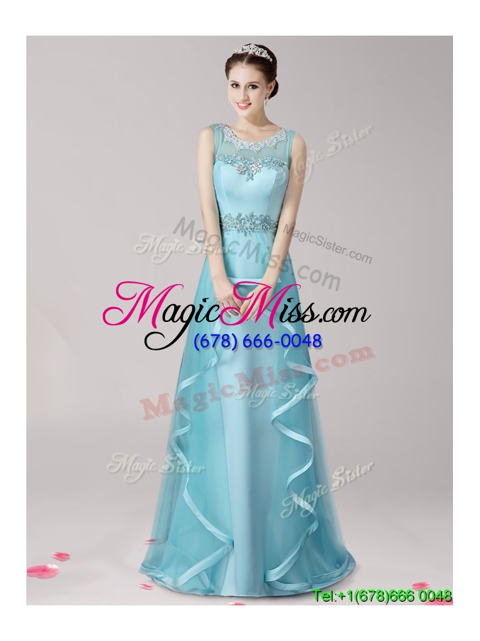wholesale modest scoop applique and ruffled prom dress with brush train