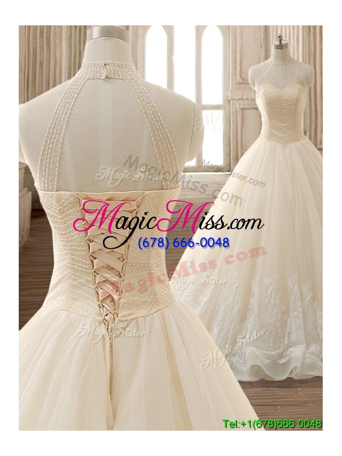 wholesale see through high neck champagne quinceanera dress with beading and appliques