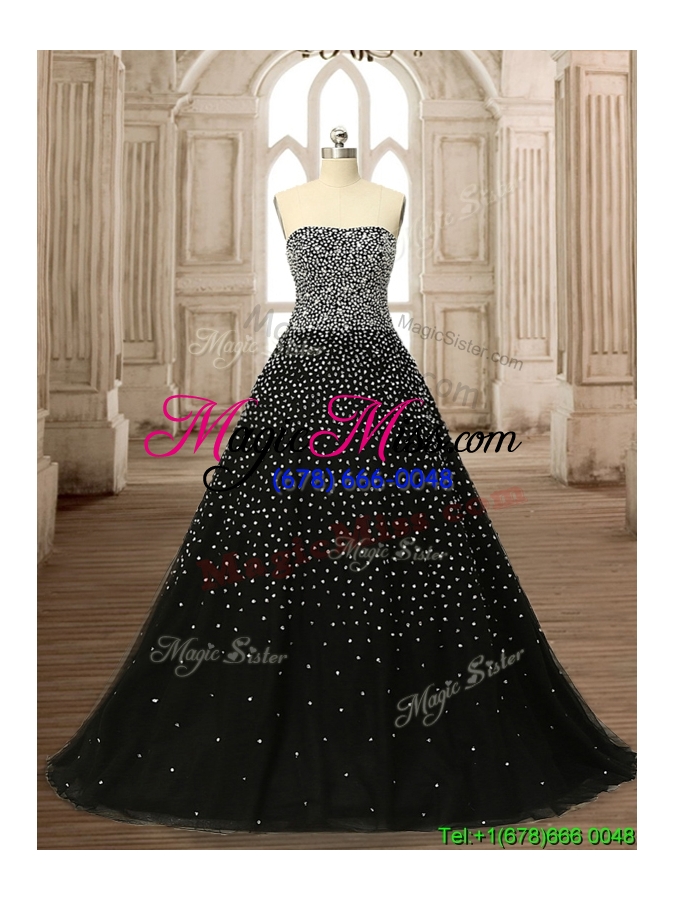 wholesale latest strapless beading black quinceanera dress with brush train