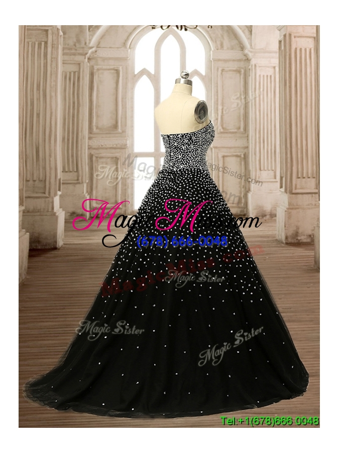 wholesale latest strapless beading black quinceanera dress with brush train