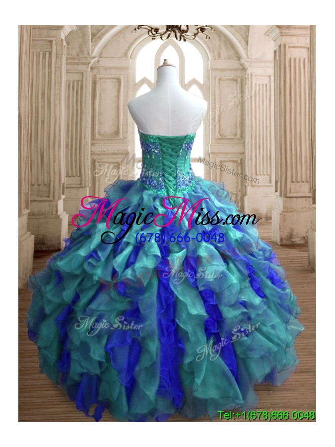 wholesale affordable teal and blue custom make quinceanera dress with appliques and ruffles