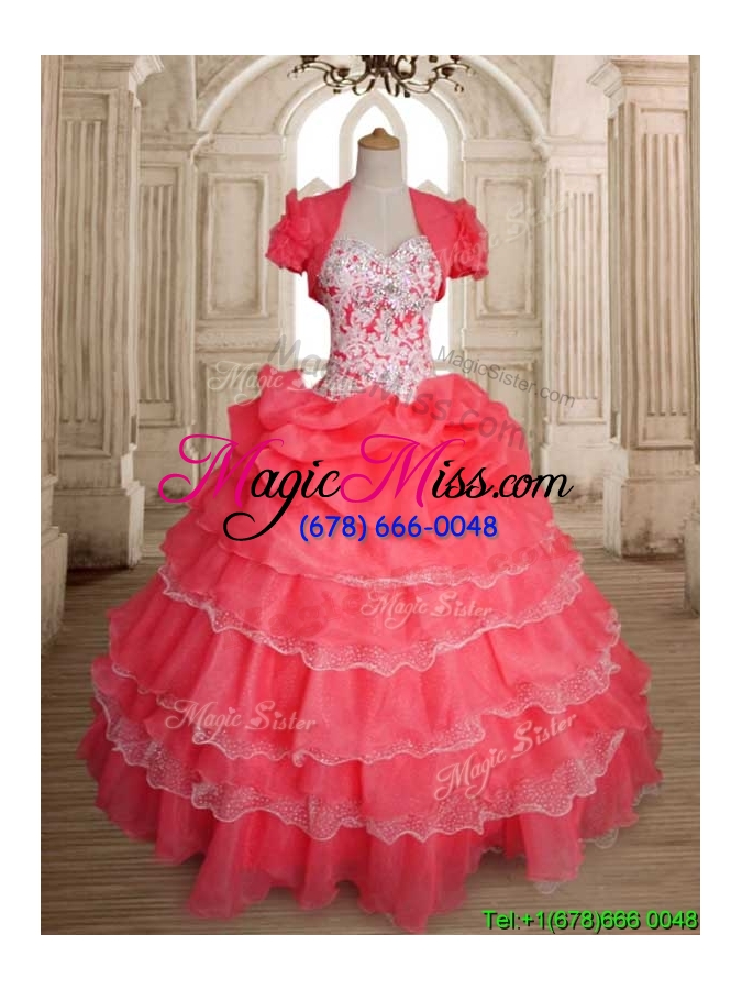 wholesale sweet beaded and ruffled layers quinceanera dress in coral red