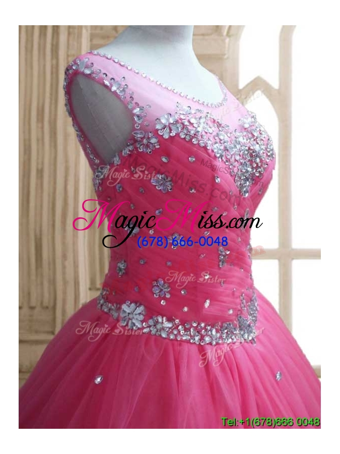 wholesale see through scoop rose pink quinceanera dress with beading