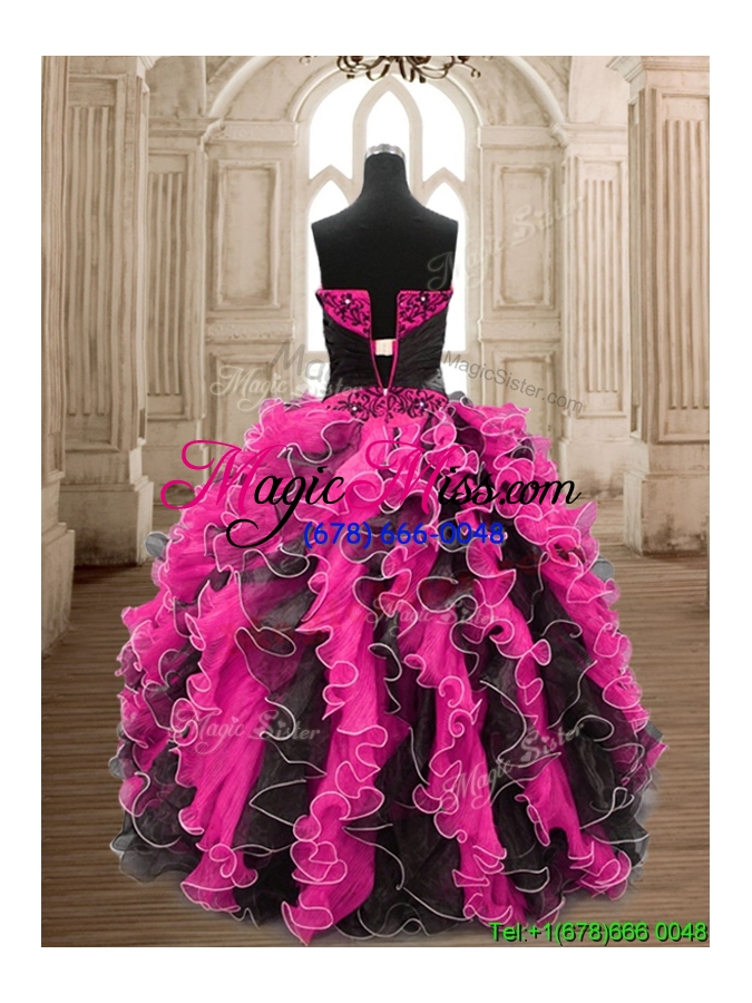 wholesale modest hot pink and black quinceanera dress with beading and ruffles