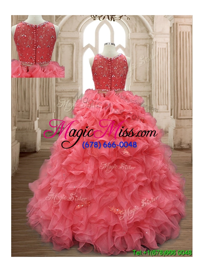 wholesale two piece scoop watermelon red quinceanera dress with beading and ruffles