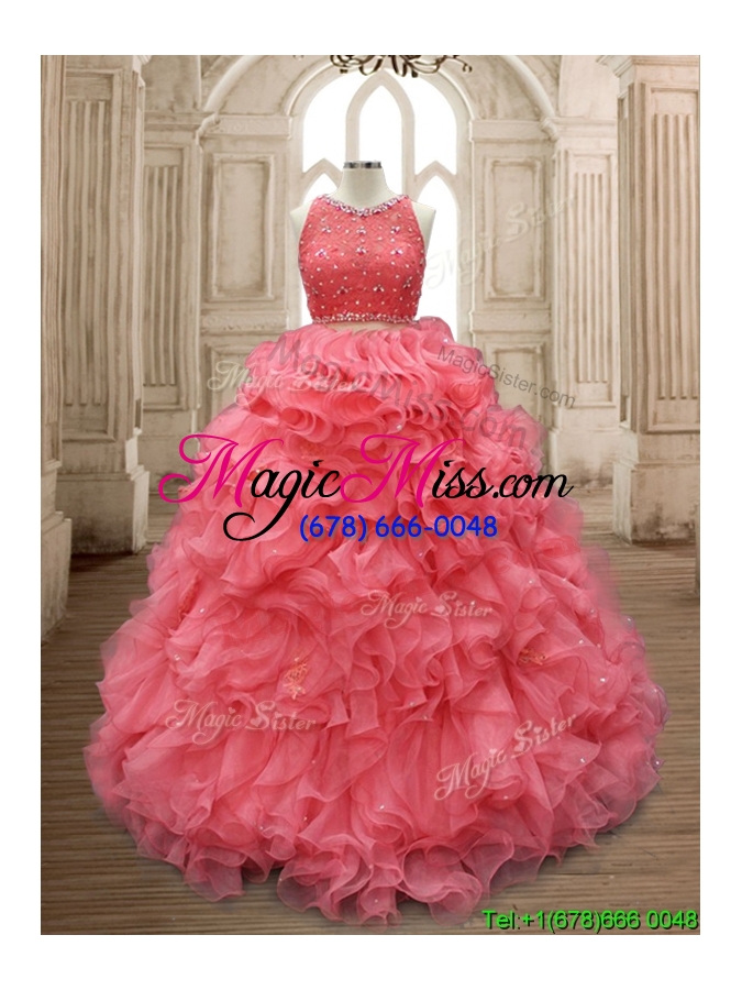 wholesale two piece scoop watermelon red quinceanera dress with beading and ruffles