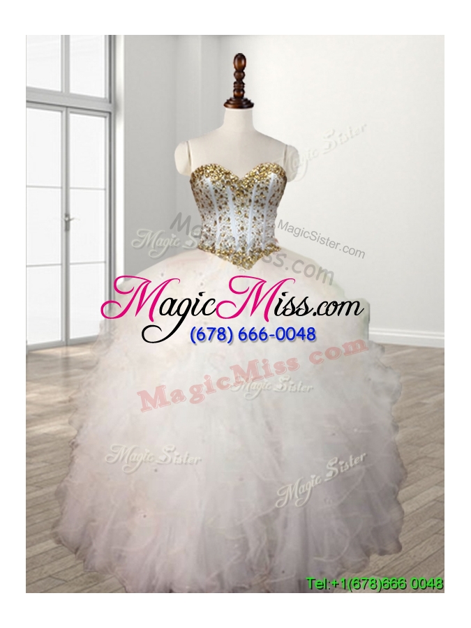 wholesale visible boning beaded bodice and ruffled quinceanera dress in white