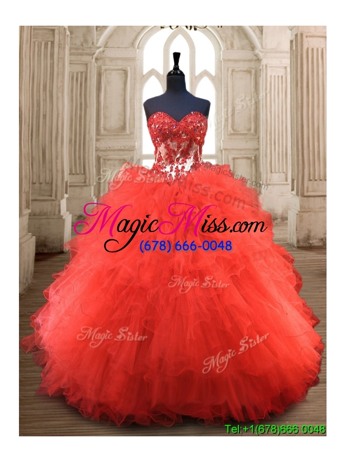 wholesale popular red really puffy quinceanera gown with appliques and ruffles