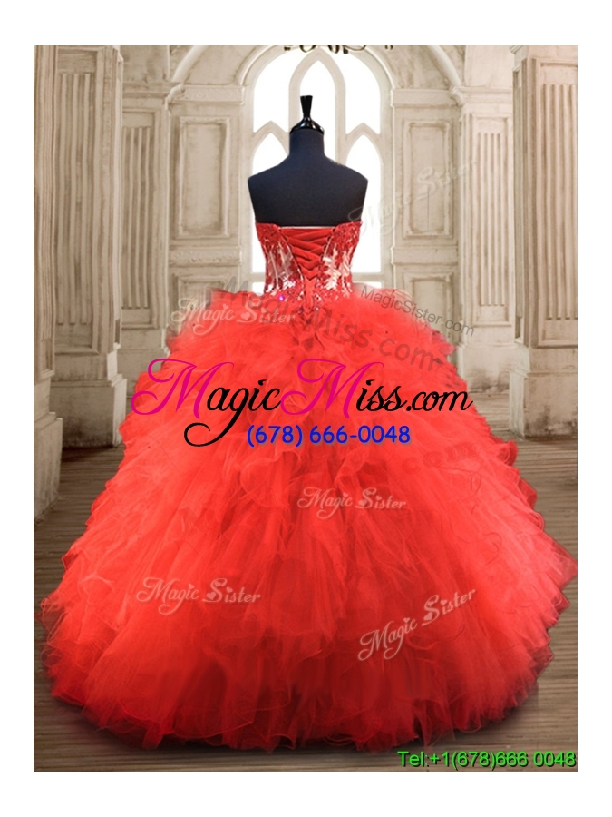 wholesale popular red really puffy quinceanera gown with appliques and ruffles
