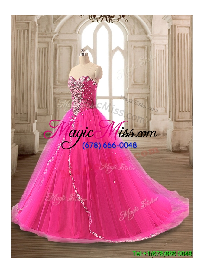 wholesale elegant beaded hot pink sweet 16 gown with brush train