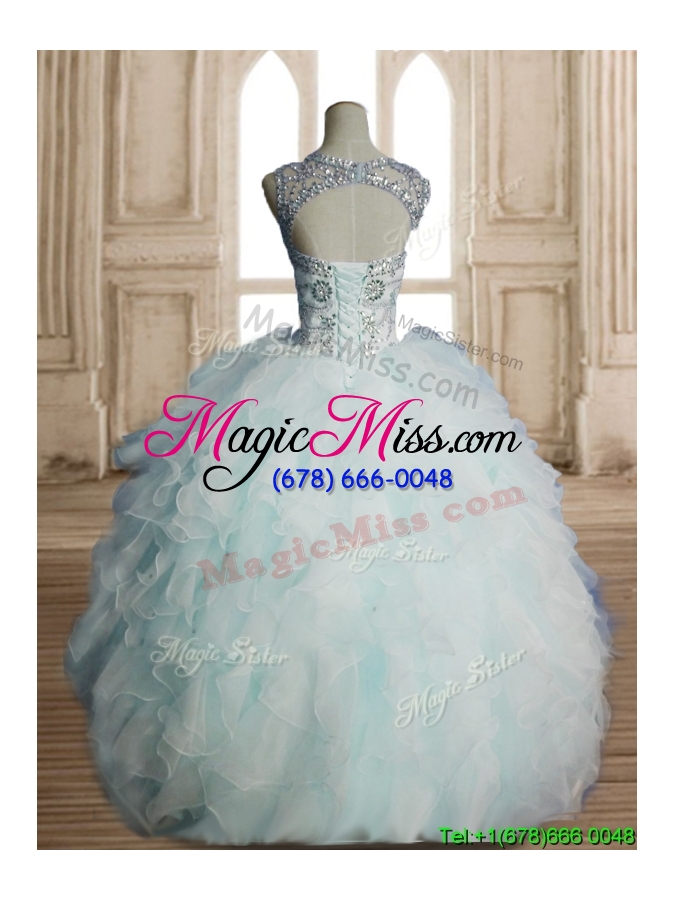 wholesale see through scoop light blue quinceanera dress with beading and ruffles