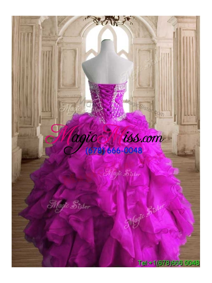 wholesale elegant fuchsia organza quinceanera gown with beading and ruffles