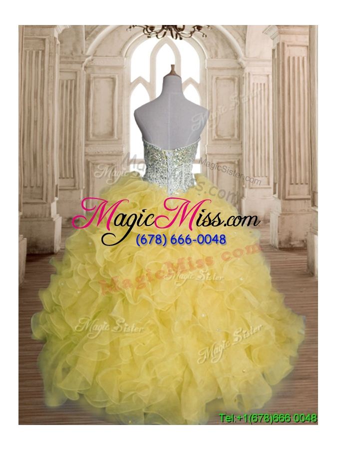 wholesale discount beaded and ruffled organza quinceanera dress in yellow