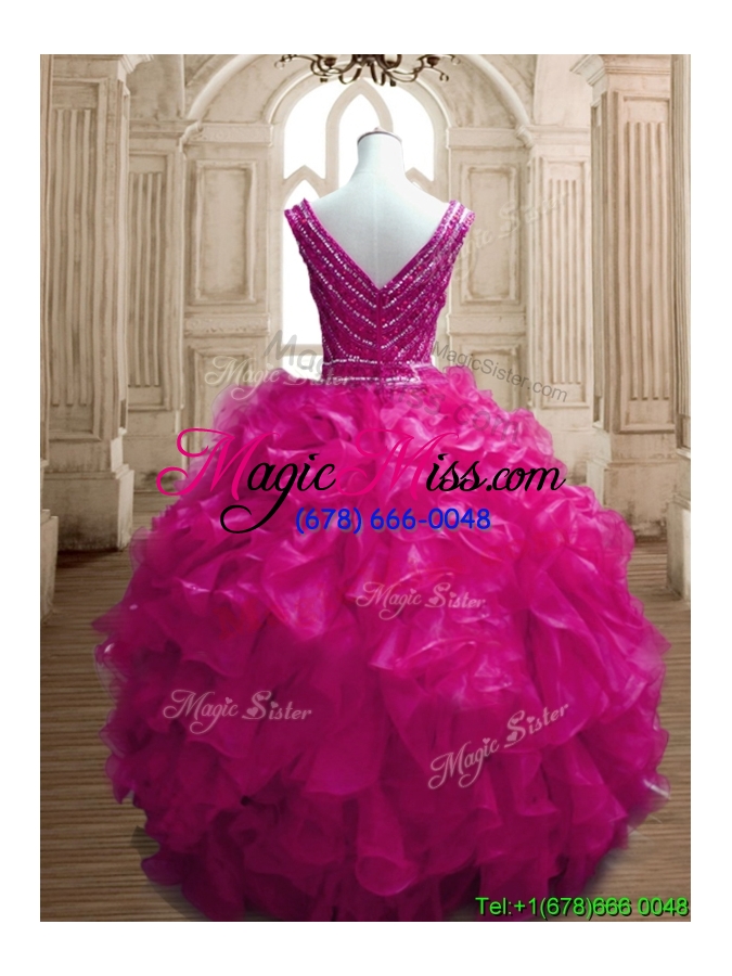 wholesale gorgeous deep v neckline beading and ruffles quinceanera dress in fuchsia
