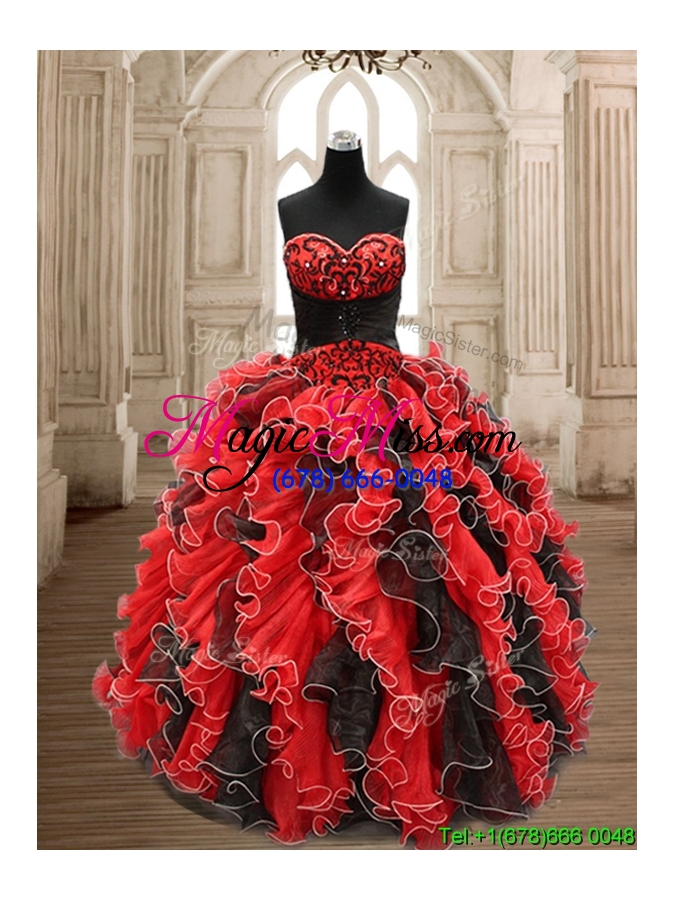 wholesale new arrivals applique and ruffled quinceanera dress in black and red