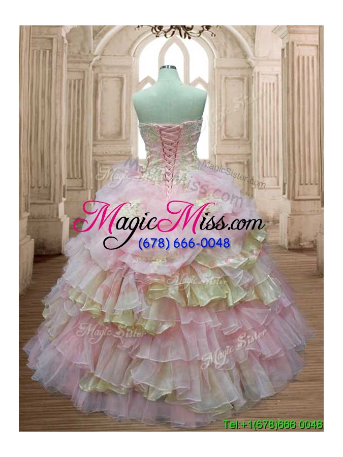 wholesale discount applique and ruffled layers quinceanera dress in baby pink and yellow