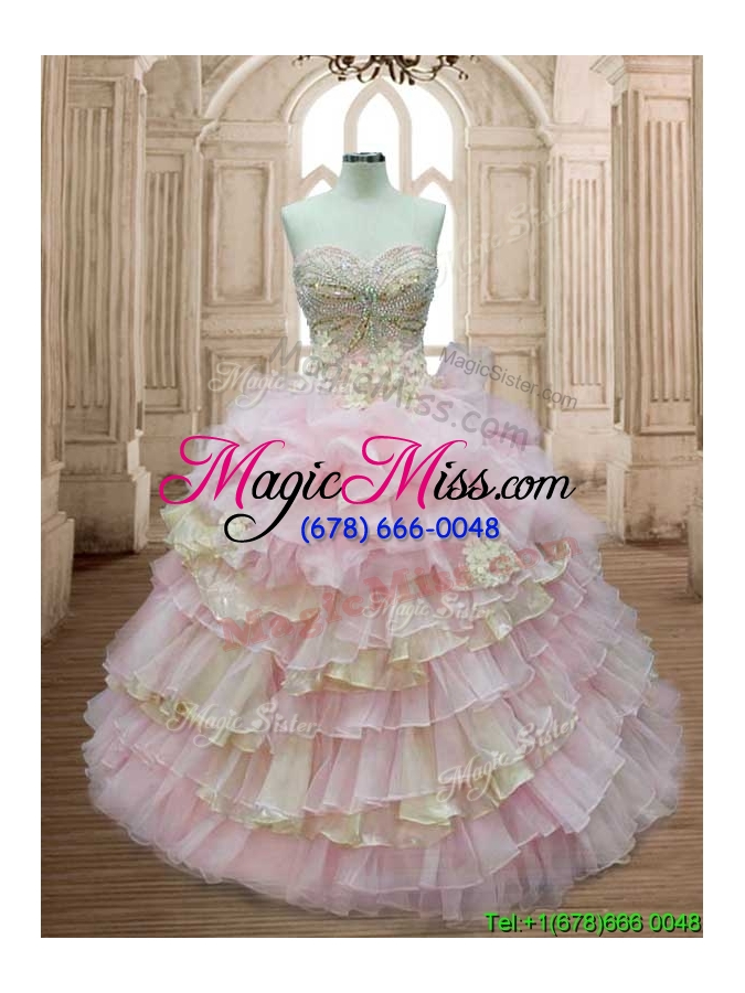 wholesale discount applique and ruffled layers quinceanera dress in baby pink and yellow