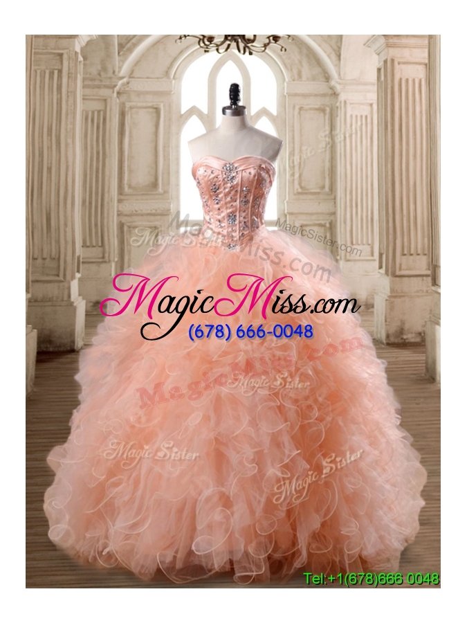wholesale lovely peach big puffy quinceanera dress with beading and ruffles