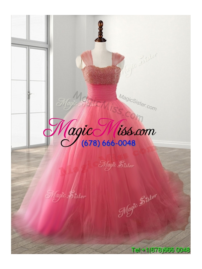 wholesale cheap straps beading brush train quinceanera dress in watermelon red