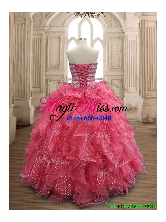 wholesale fashionable beaded and ruffled coral red quinceanera dress in organza