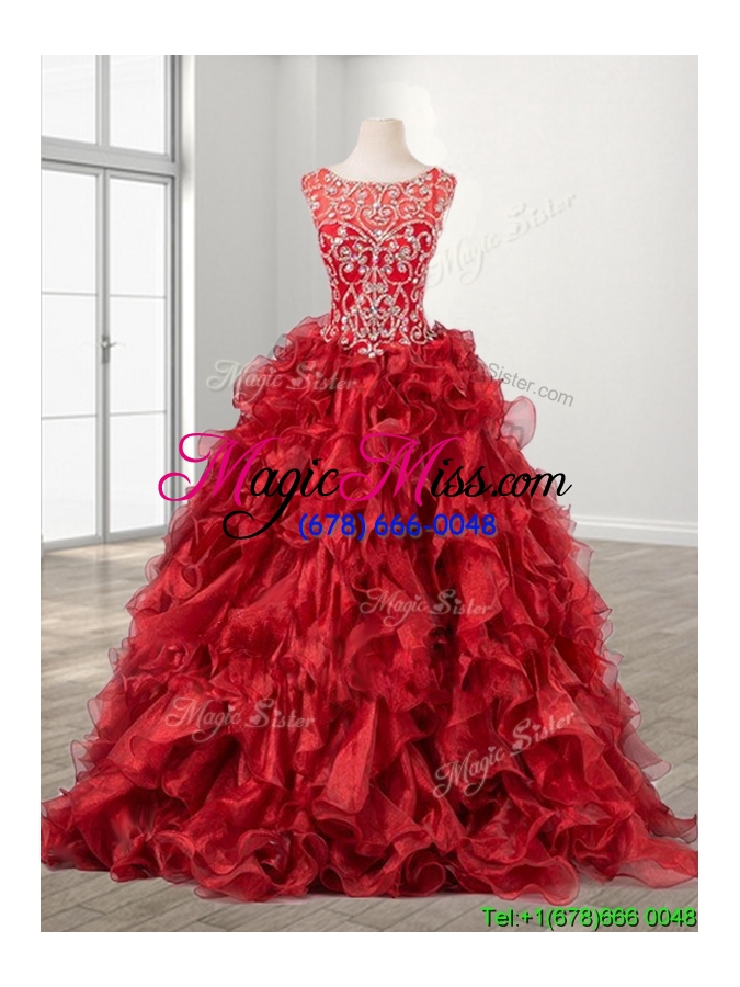 wholesale see through beaded scoop wine red quinceanera dress with brush train