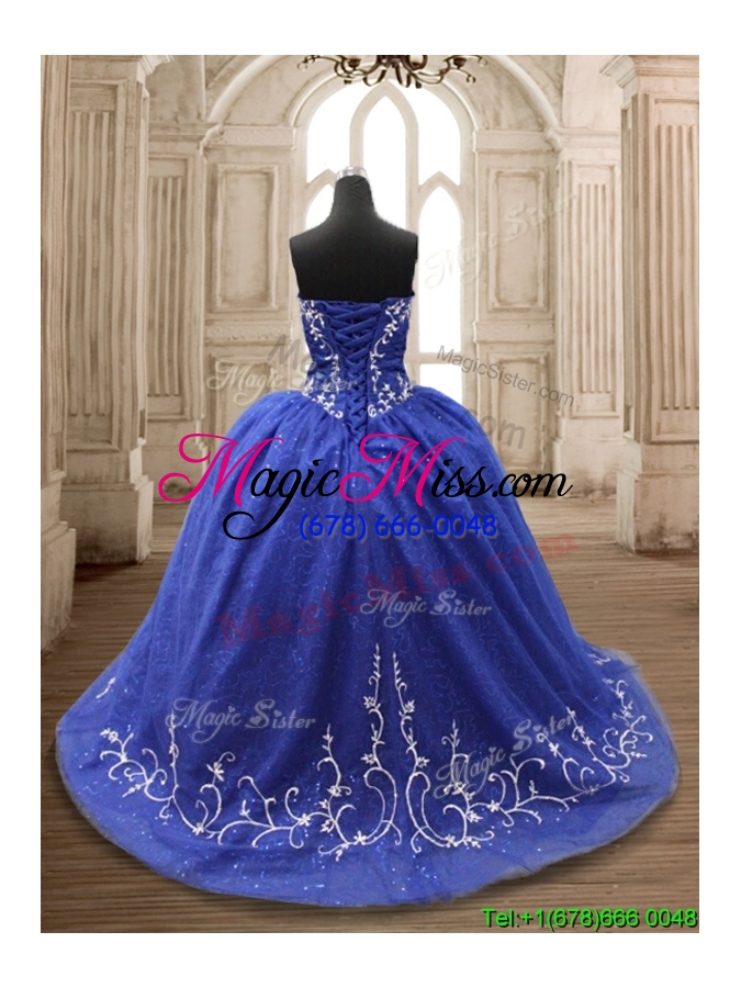 wholesale perfect applique royal blue sweet 16 dress with brush train