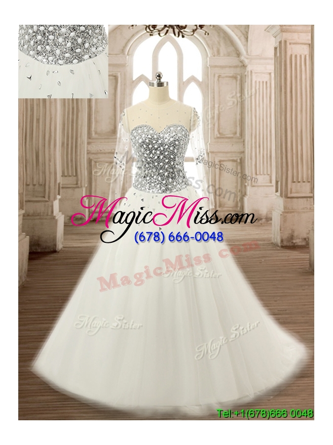 wholesale see through scoop long sleeves white quinceanera dress with beading