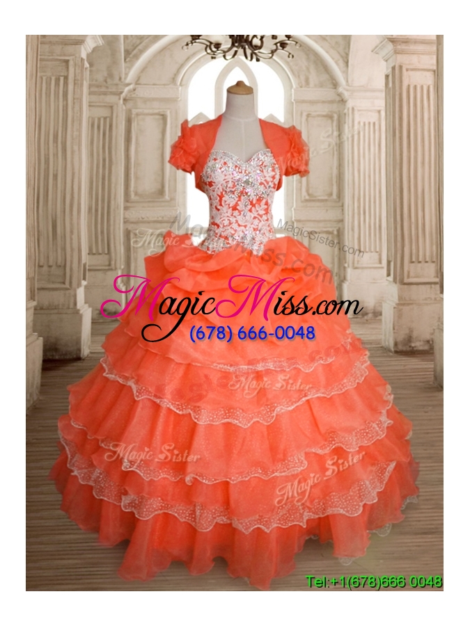wholesale exquisite orange red big puffy quinceanera dress with ruffled layers and beading