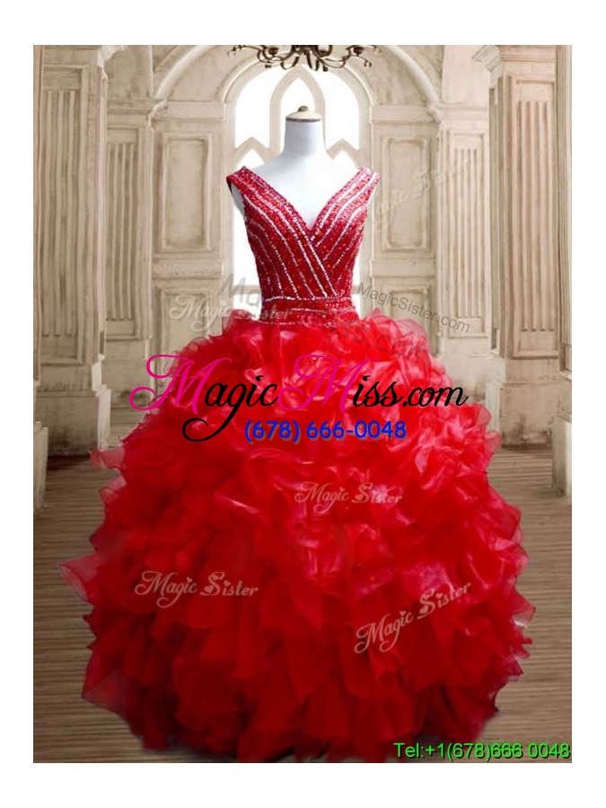 wholesale sexy deep v neckline red quinceanera dress with beading and ruffles