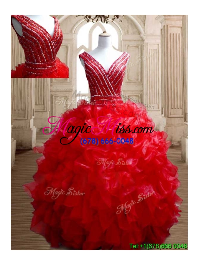wholesale sexy deep v neckline red quinceanera dress with beading and ruffles