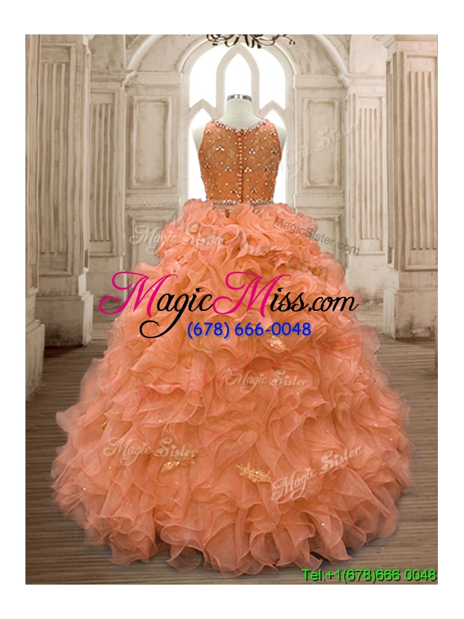 wholesale see through scoop beaded and ruffles quinceanera dress in orange